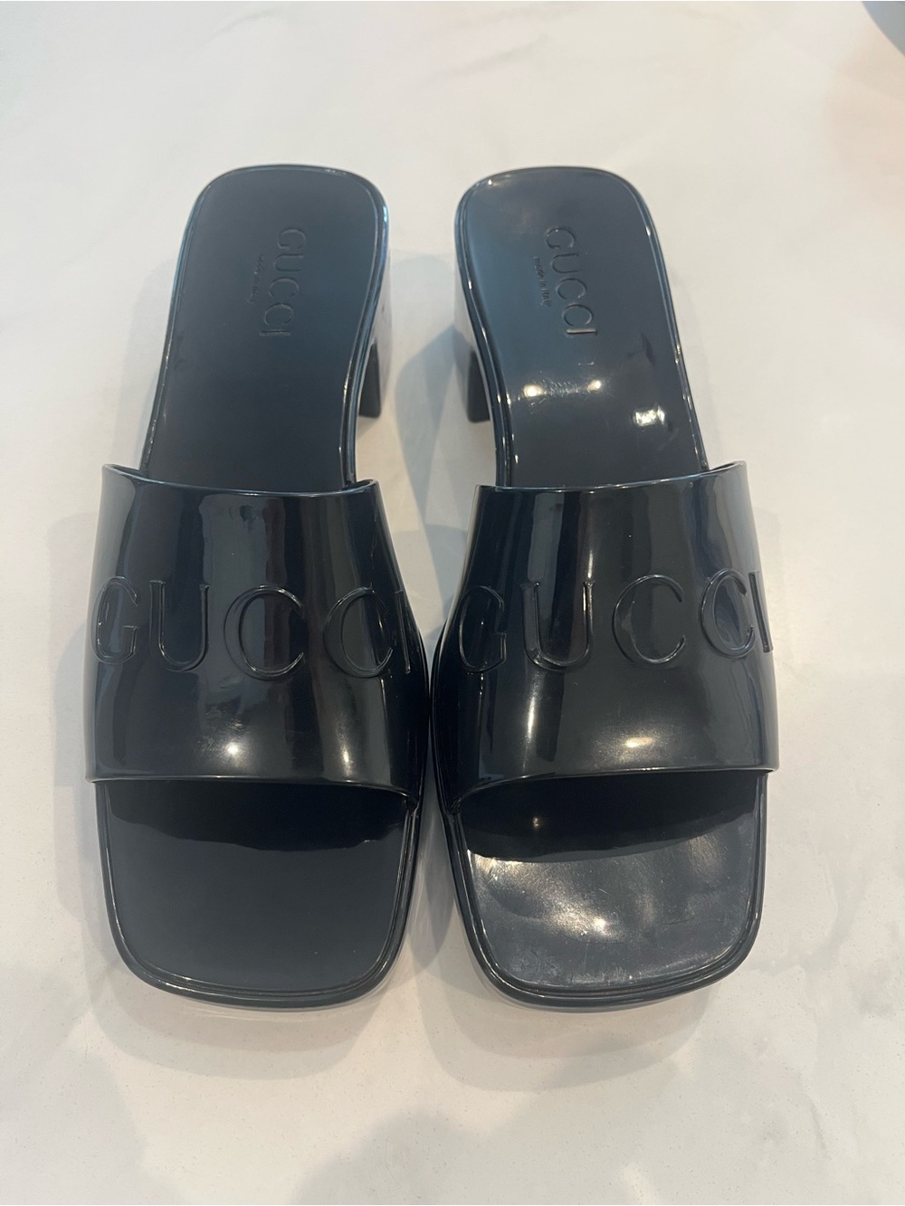Gucci Black Patent Logo Slide Mules
